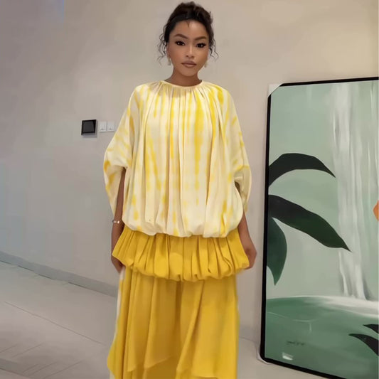 Yellow and white printed skirt suit elegant holiday style bat sleeve skirt