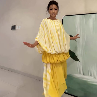 Yellow and white printed skirt suit elegant holiday style bat sleeve skirt