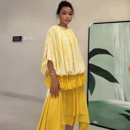Yellow and white printed skirt suit elegant holiday style bat sleeve skirt