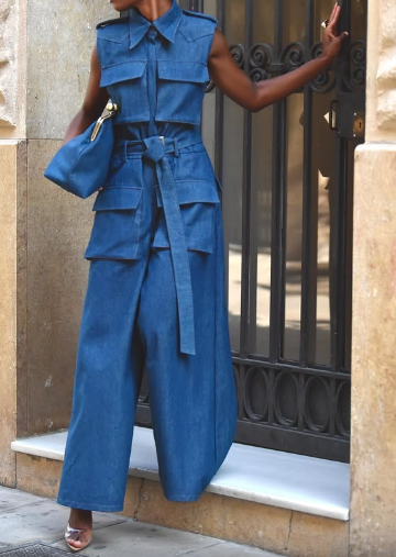Multi-pocket denim jumpsuit