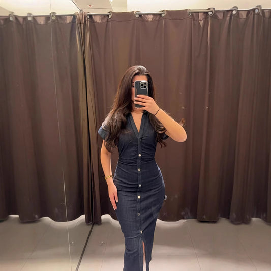 Denim short-sleeved high-waisted slim-fit dress with pleats at the waist