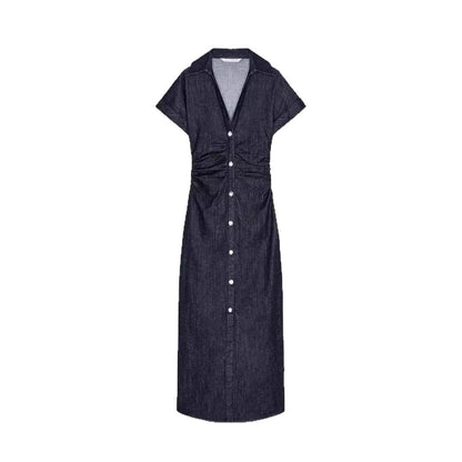 Denim short-sleeved high-waisted slim-fit dress with pleats at the waist