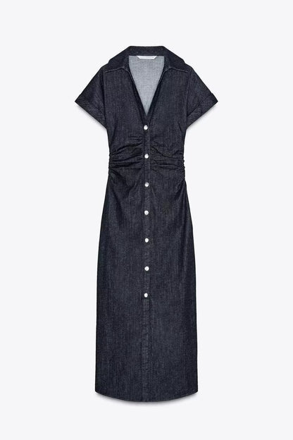 Denim short-sleeved high-waisted slim-fit dress with pleats at the waist