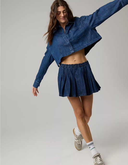 Denim short jacket + pleated skirt set