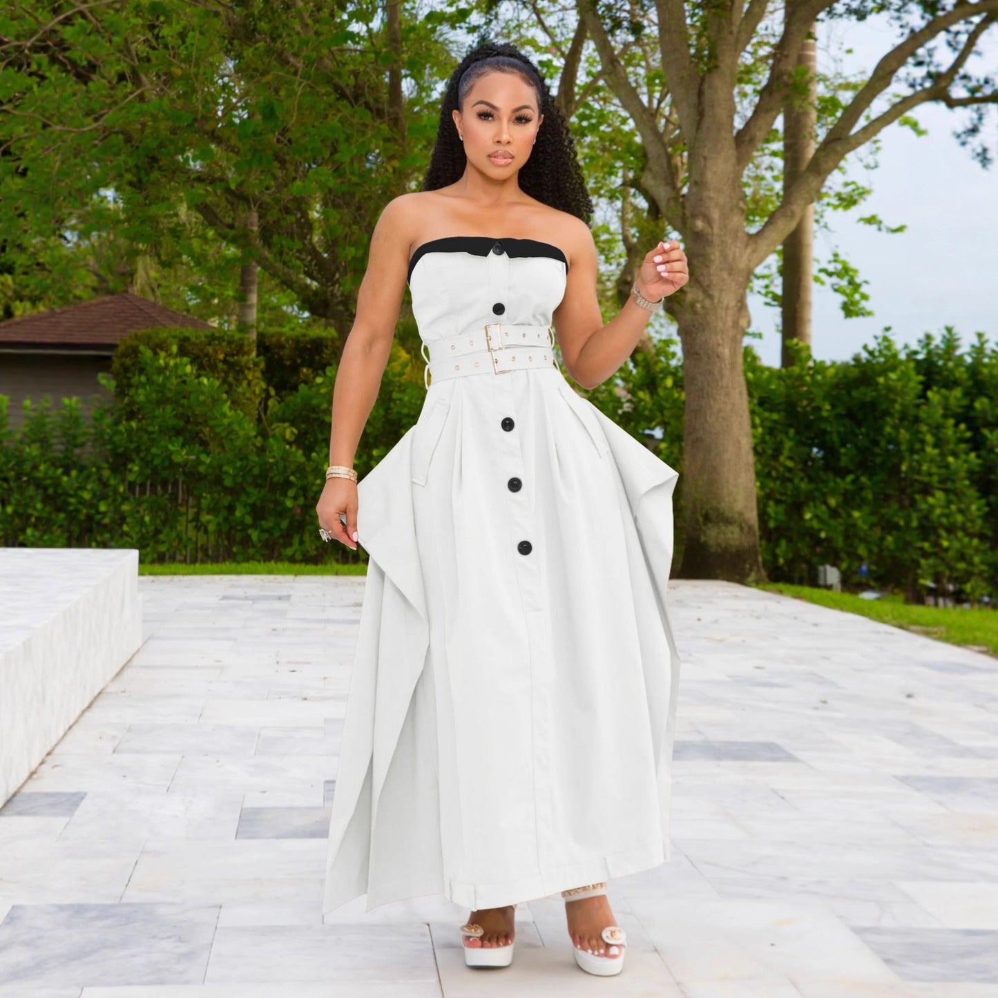 Single-breasted double-belt wrap dress with a wide skirt