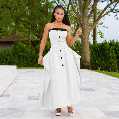 Single-breasted double-belt wrap dress with a wide skirt