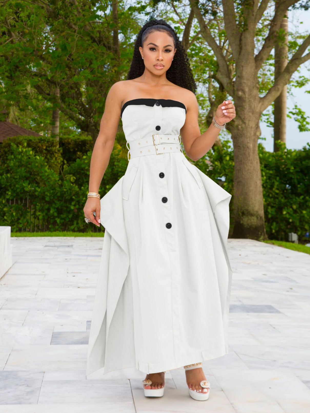 Single-breasted double-belt wrap dress with a wide skirt