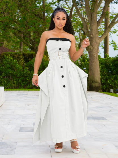 Single-breasted double-belt wrap dress with a wide skirt