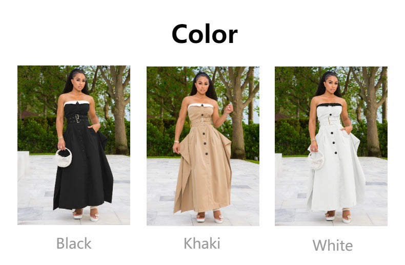 Single-breasted double-belt wrap dress with a wide skirt