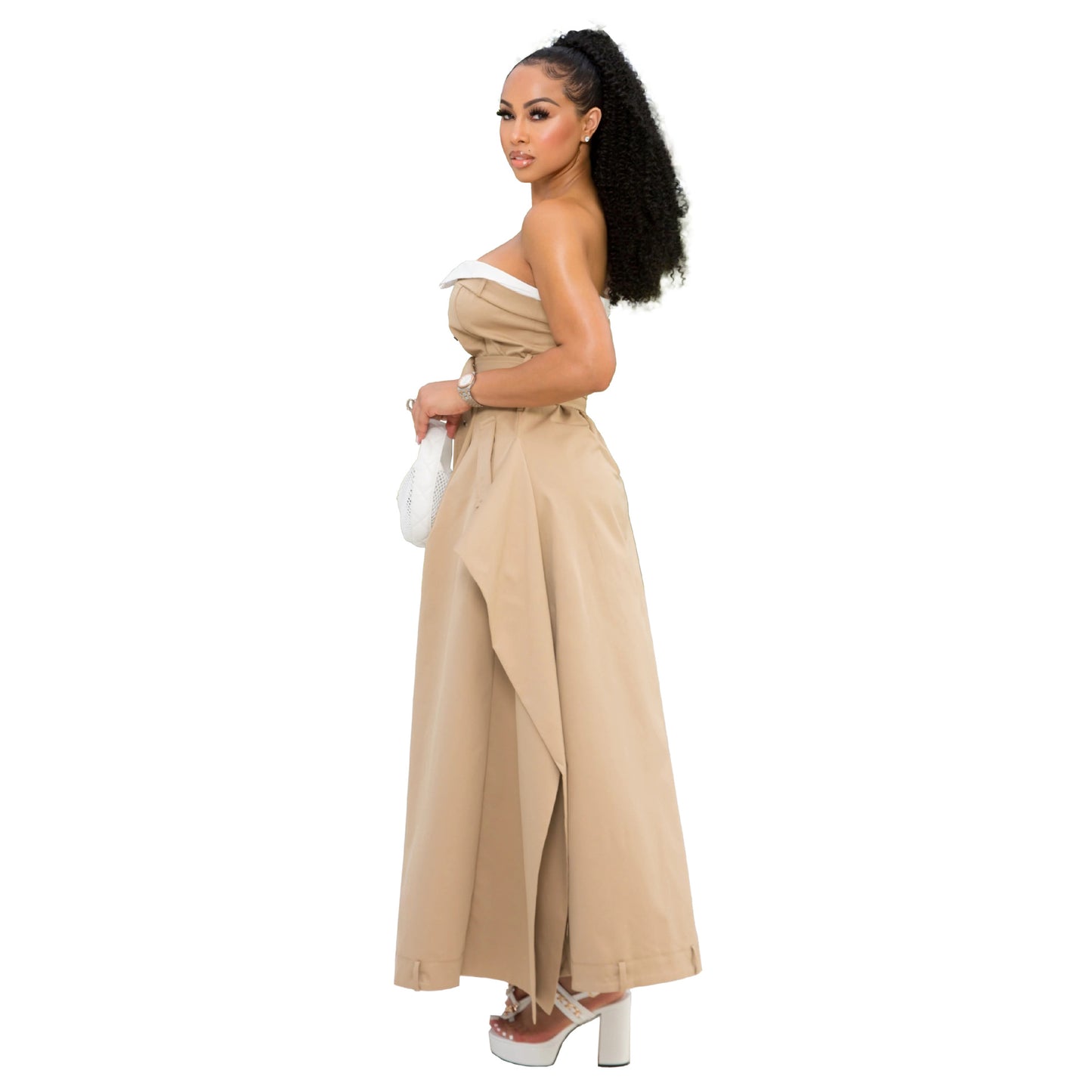 Single-breasted double-belt wrap dress with a wide skirt