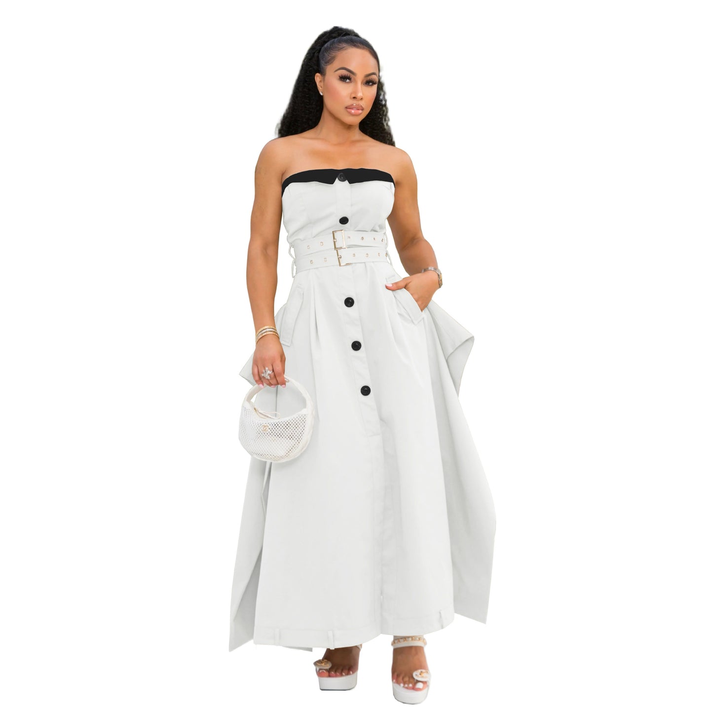 Single-breasted double-belt wrap dress with a wide skirt