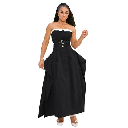 Single-breasted double-belt wrap dress with a wide skirt