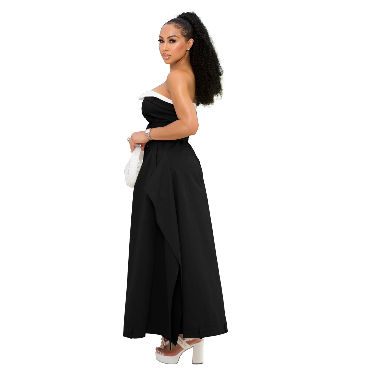 Single-breasted double-belt wrap dress with a wide skirt