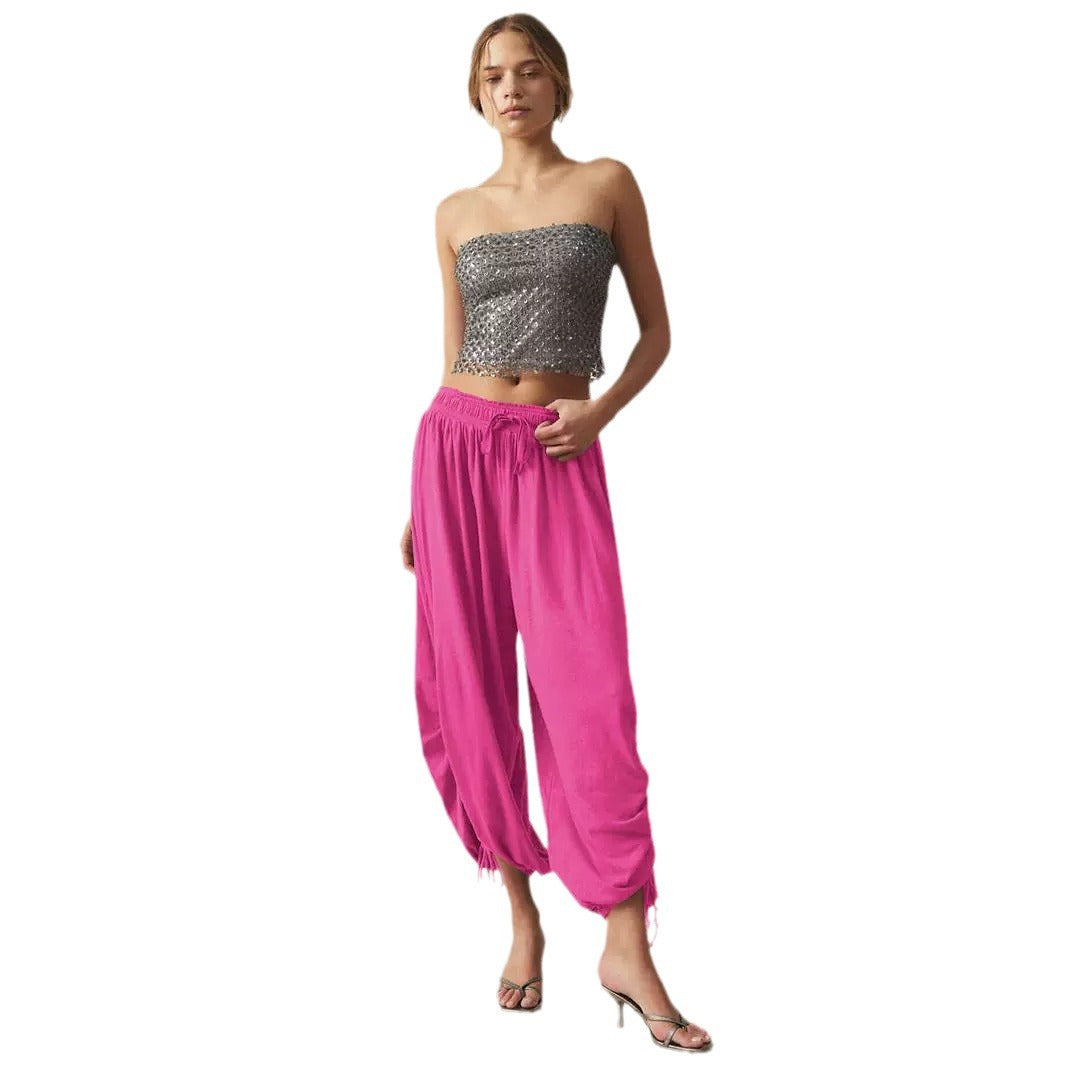 Plus size women's solid color wide-leg loose pants with large pockets