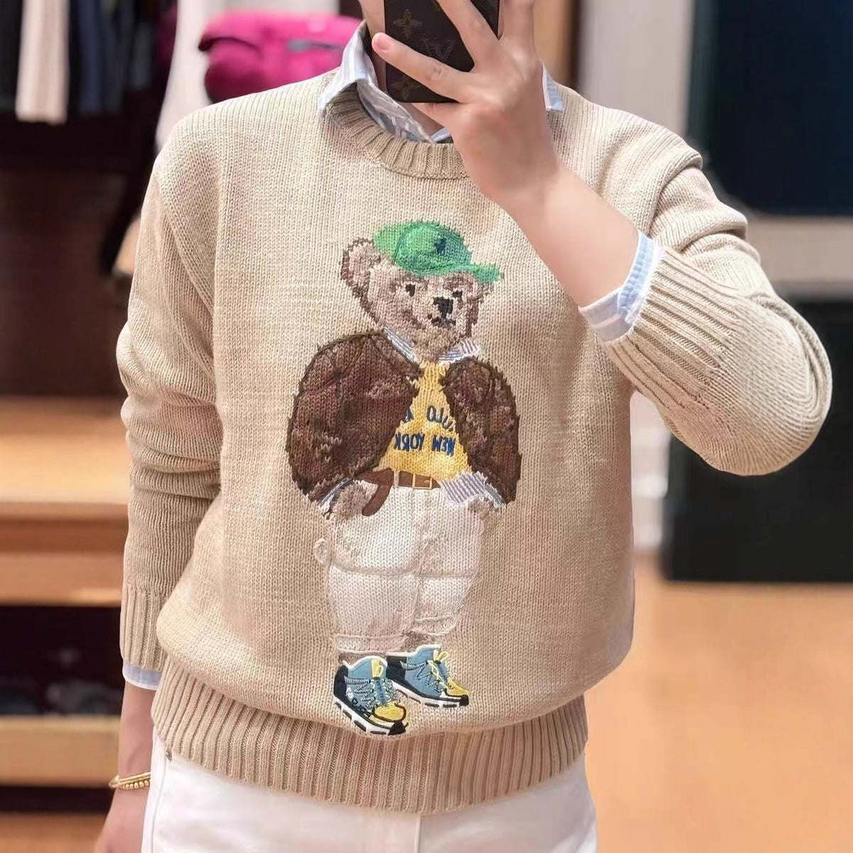 Retro classic heavy embroidery cartoon bear sweater