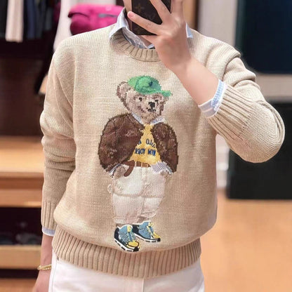 Retro classic heavy embroidery cartoon bear sweater