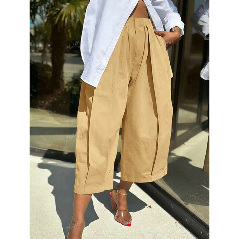 Women's Casual Khaki Loose Pants with Elastic Waist