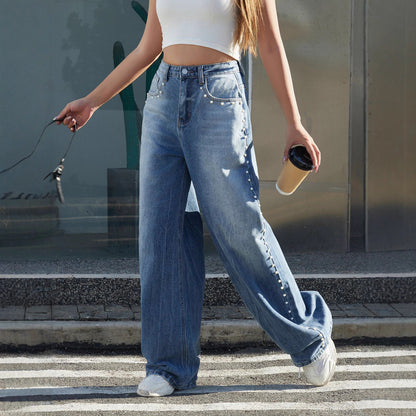 Women's High-Waisted Stretch Pearl Beaded Wide-Leg Casual Jeans