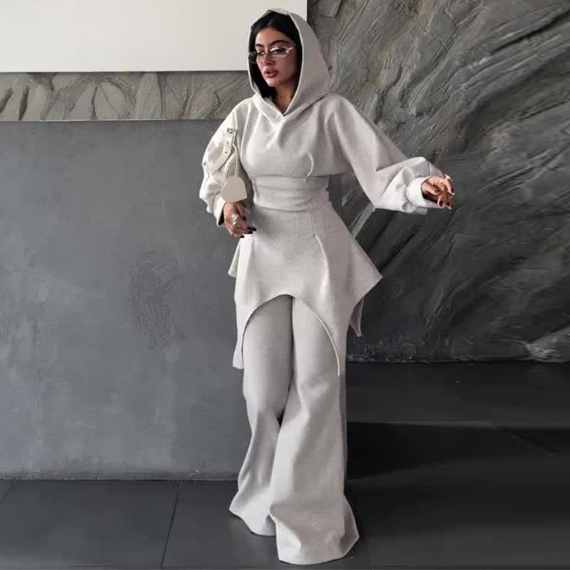 Hooded slim-fit simple casual trousers two-piece set