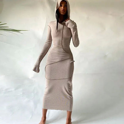 Long-sleeved, fitted, street-style long bodycon dress
