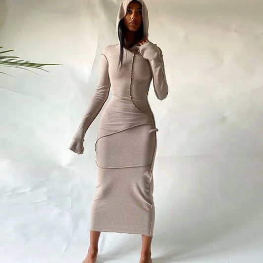 Long-sleeved, fitted, street-style long bodycon dress