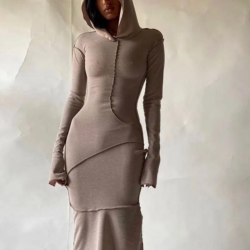 Long-sleeved, fitted, street-style long bodycon dress