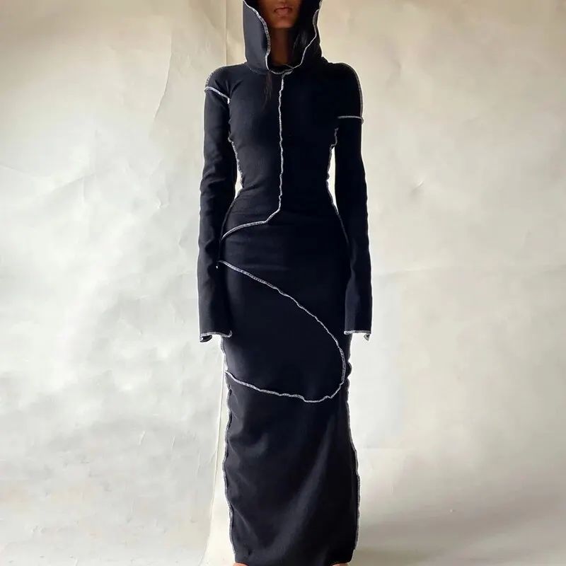 Long-sleeved, fitted, street-style long bodycon dress