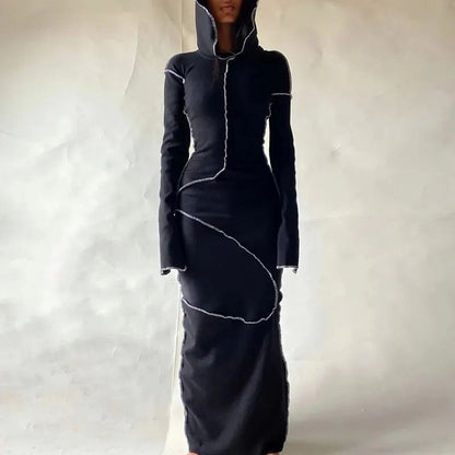 Long-sleeved, fitted, street-style long bodycon dress