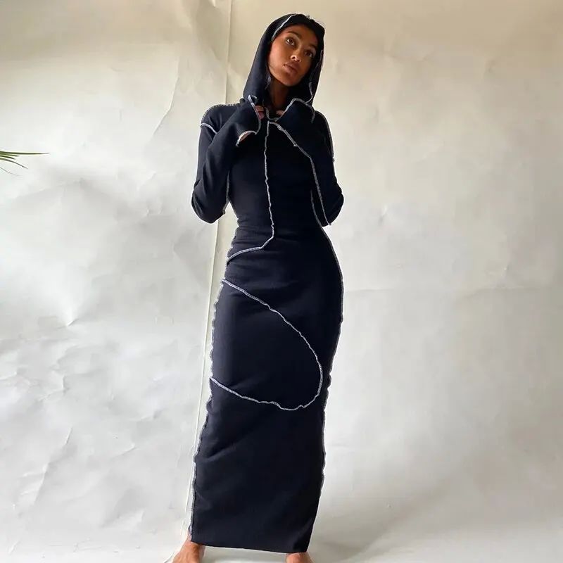 Long-sleeved, fitted, street-style long bodycon dress