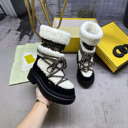 Thick-soled, lace-up mid-calf suede snow boots