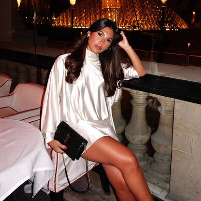 Satin high-neck tie-bow dress