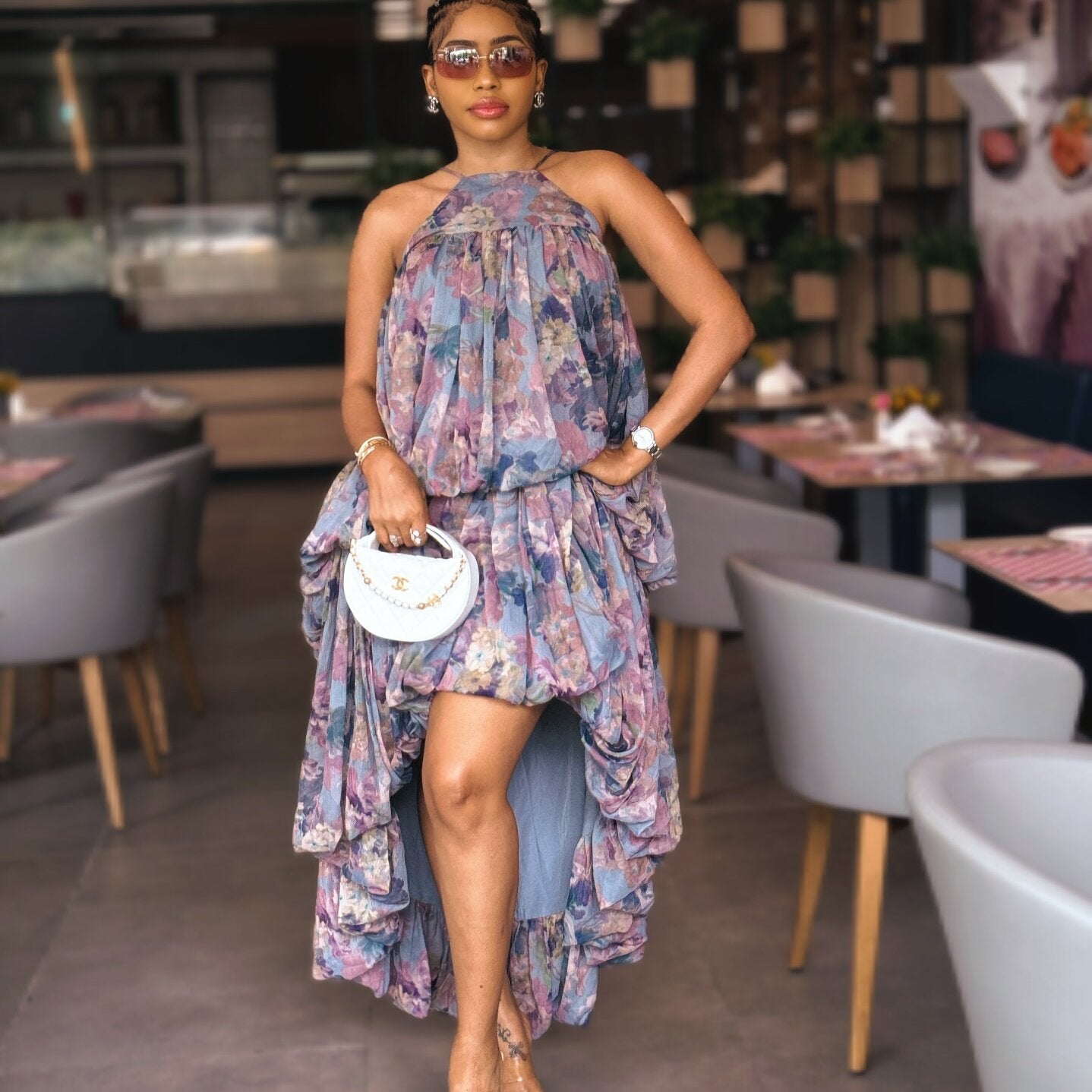 Tie-up printed sleeveless midi dress
