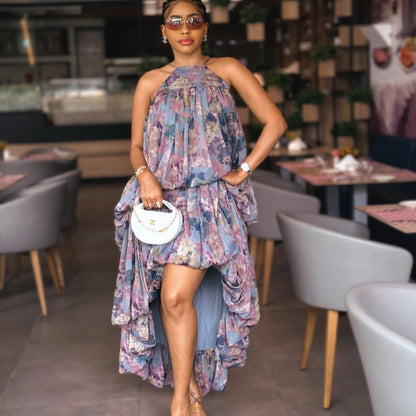 Tie-up printed sleeveless midi dress
