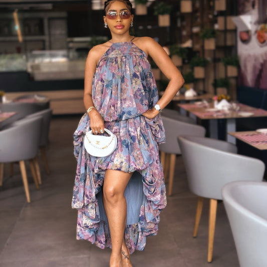 Tie-up printed sleeveless midi dress