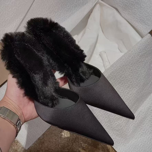 Pointed-toe high heels, stiletto heels, furry shoes