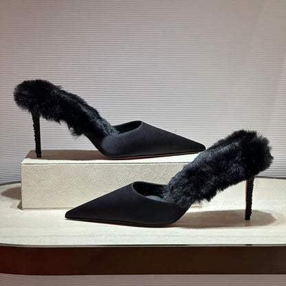 Pointed-toe high heels, stiletto heels, furry shoes
