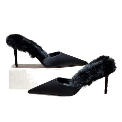 Pointed-toe high heels, stiletto heels, furry shoes