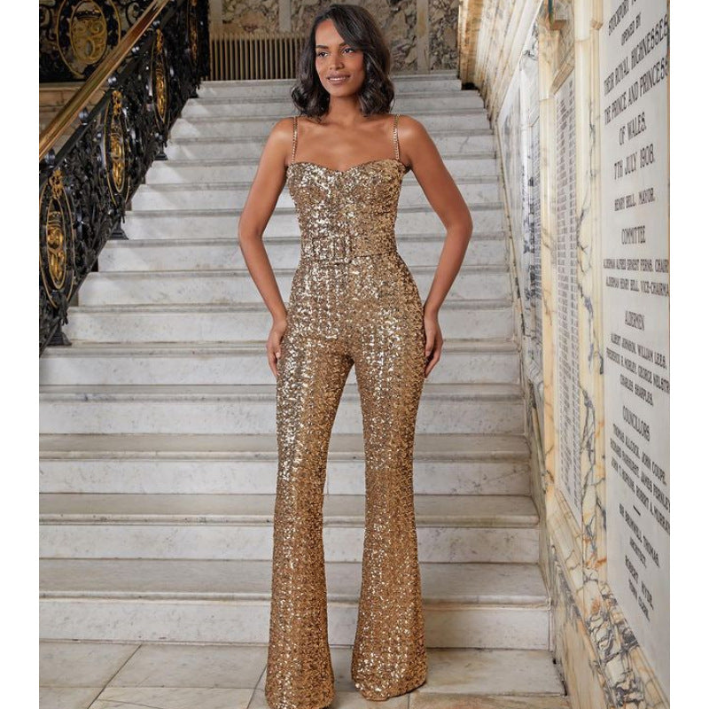 Gold sequined halter jumpsuit