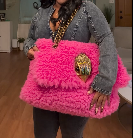 Pink lamb wool oversized leather bag