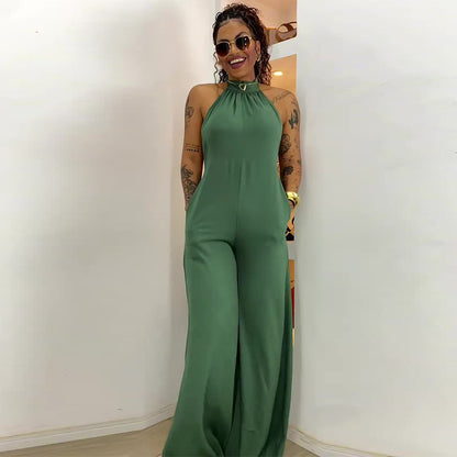Sleeveless backless halter neck casual simple jumpsuit