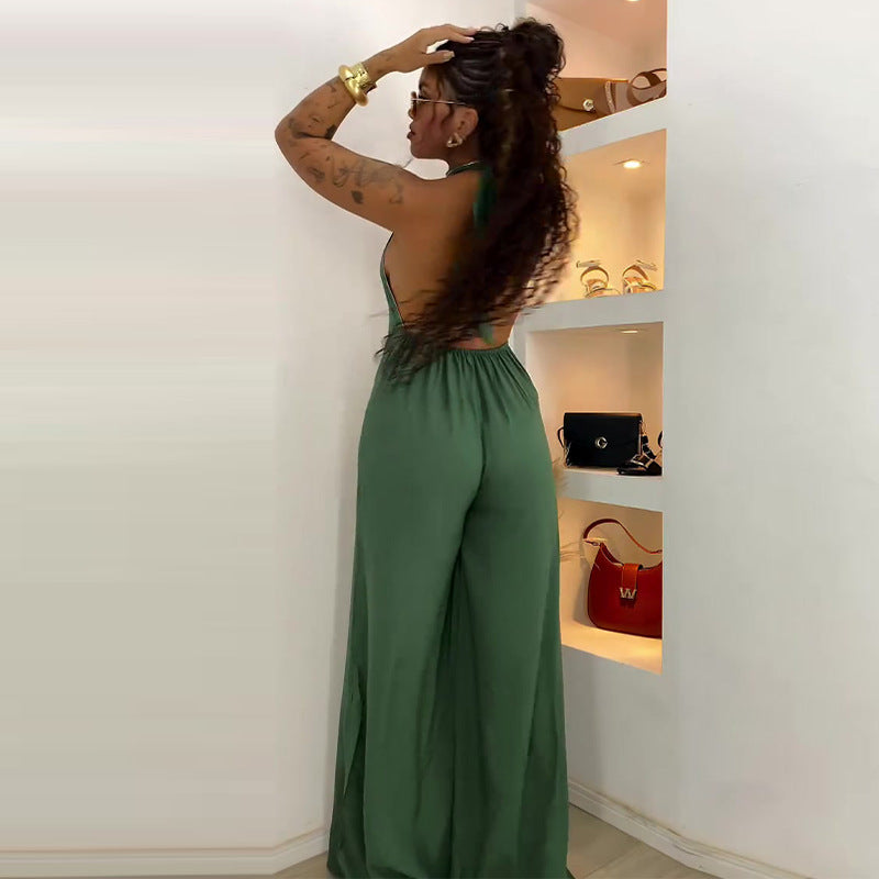 Sleeveless backless halter neck casual simple jumpsuit