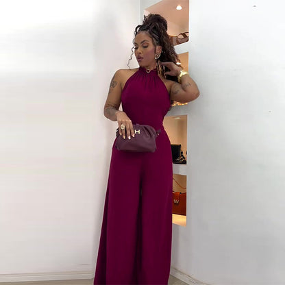 Sleeveless backless halter neck casual simple jumpsuit