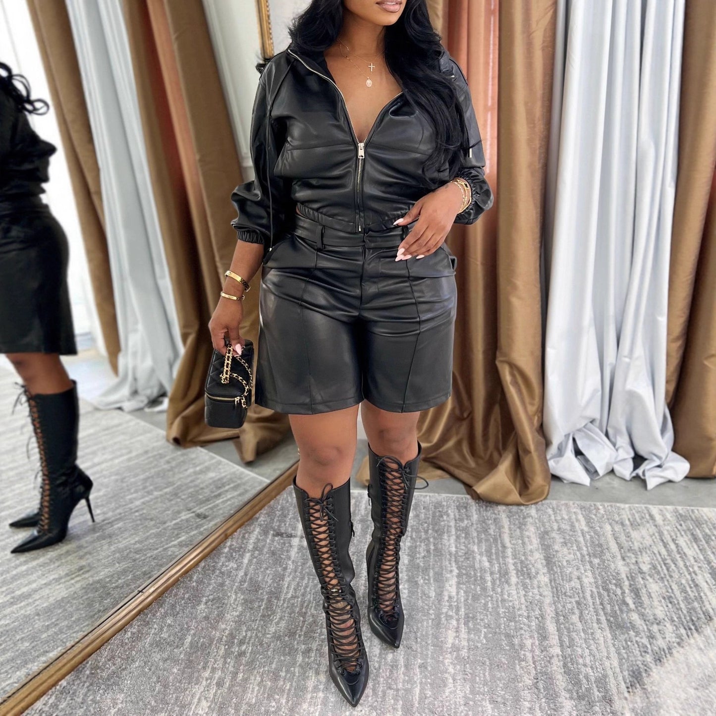 Leather jacket with hood, long-sleeved coat, and shorts set