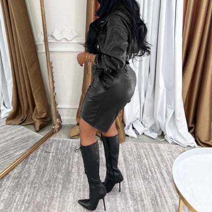 Leather jacket with hood, long-sleeved coat, and shorts set