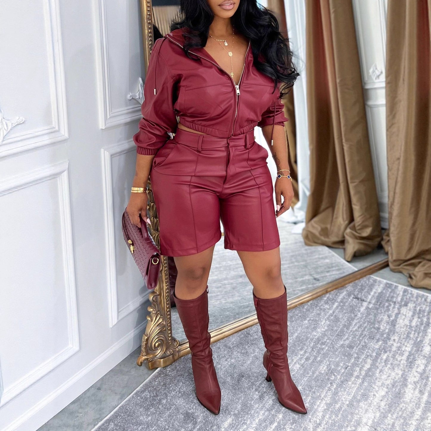 Leather jacket with hood, long-sleeved coat, and shorts set