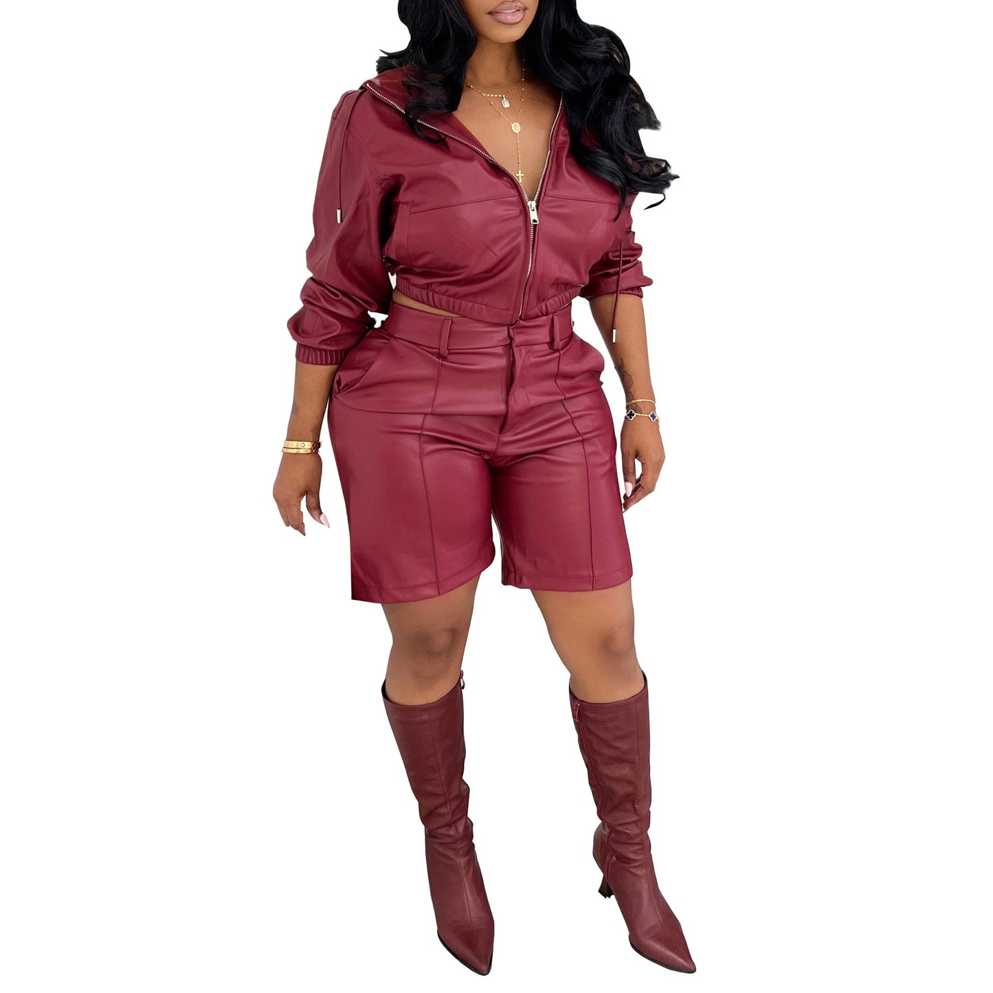 Leather jacket with hood, long-sleeved coat, and shorts set