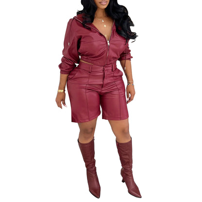 Leather jacket with hood, long-sleeved coat, and shorts set