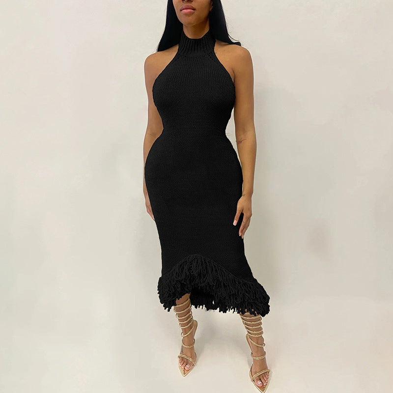 Solid color off-shoulder fur patchwork bodycon suspender dress