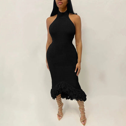 Solid color off-shoulder fur patchwork bodycon suspender dress