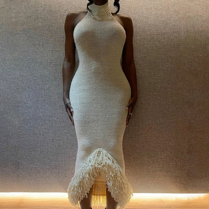 Solid color off-shoulder fur patchwork bodycon suspender dress